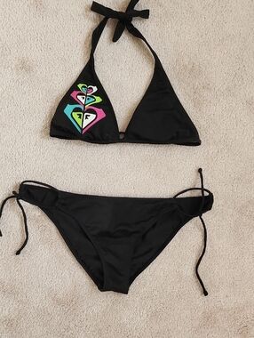 Roxy Black Bikini Bottom with Teal Trim and Colorful Tag Sz LG